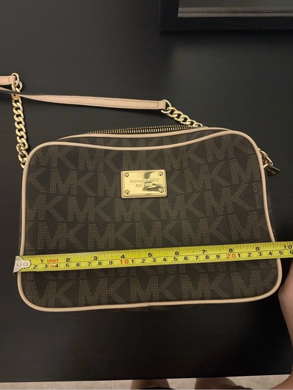 Michael Kors Brown/Beige MK Logo Crossbody with Gold Hardware